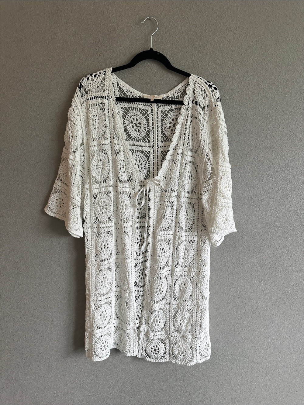Solitaire White Crochet Tunic Cover-Up Cardigan Large